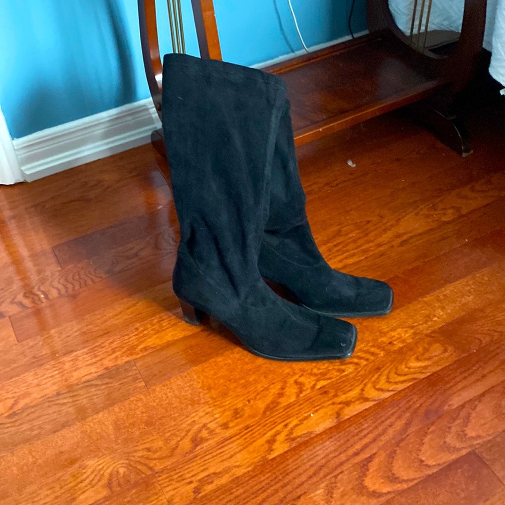black boots. faux suede